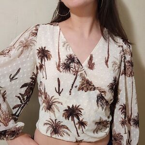 Joie Desert Palm Tree Faux Wrap Long Sleeve Crop Blouse Size S